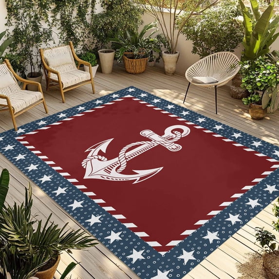 Nautical Anchor Outdoor Rug for Patio/Deck/Porch, Non-Slip Large Area Rug 4 x 6 Ft, Red Navy Blue Coastal Stars Ocean Indoor Outdoor Rugs Washable Area Rugs, Reversible Camping Rug Carpet Runner