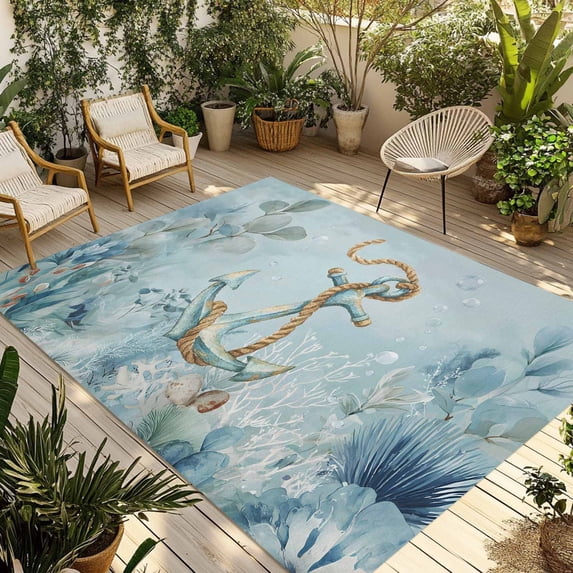 Nautical Anchor Outdoor Rug for Patio/Deck/Porch, Non-Slip Large Area Rug 5 x 8 Ft, Coastal Ocean Coral Eucalyptus Leaves Indoor Outdoor Rugs Washable Area Rugs, Reversible Camping Rug Carpet Runner