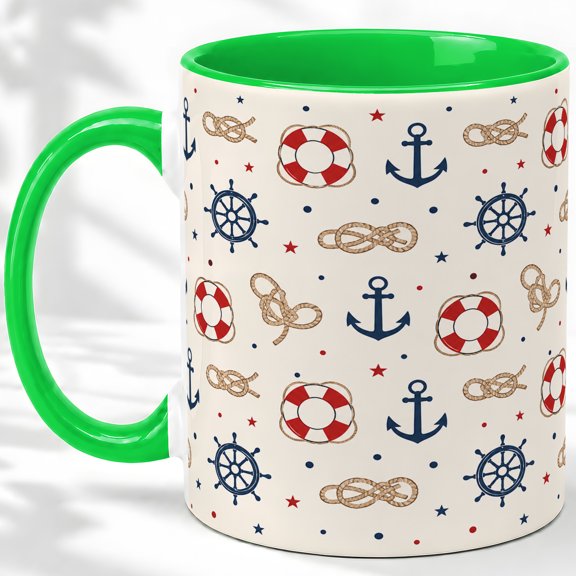 Nautical Anchor Pattern Accent Mug, 11oz Ceramic Coffee Cup for Sail Fans