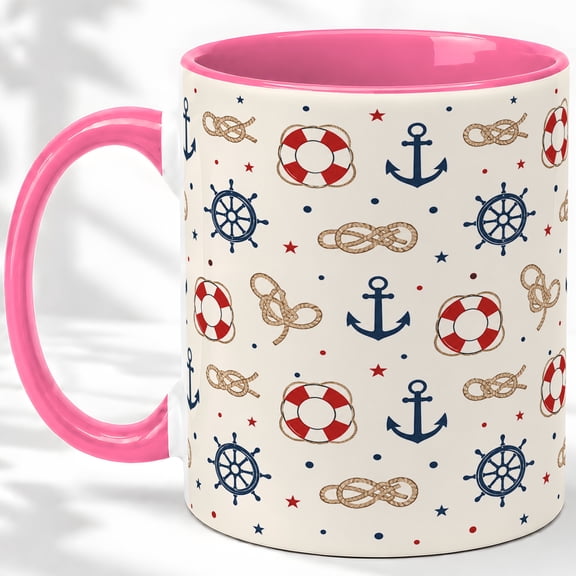 Nautical Anchor Pattern Accent Mug, 11oz Ceramic Coffee Cup for Sail Fans