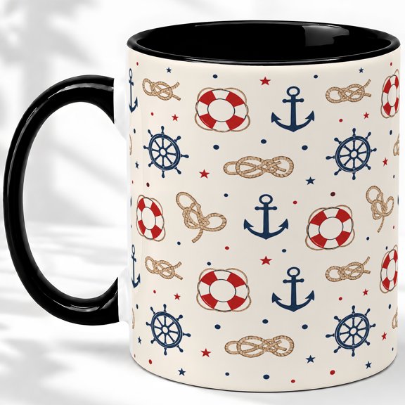 Nautical Anchor Pattern Accent Mug, 11oz Ceramic Coffee Cup for Sail Fans