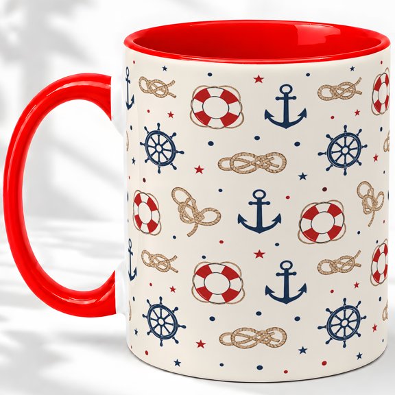 Nautical Anchor Pattern Accent Mug, 11oz Ceramic Coffee Cup for Sail Fans
