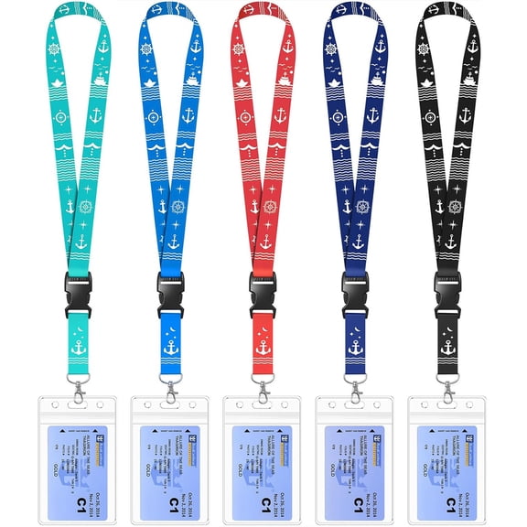 Nautical Anchor Pattern Lanyards with Clear PVC Badge Holders, Breakaway Detachable Neck Strap for ID Cards, Cruise Passes, Office Badge, Event Credentials