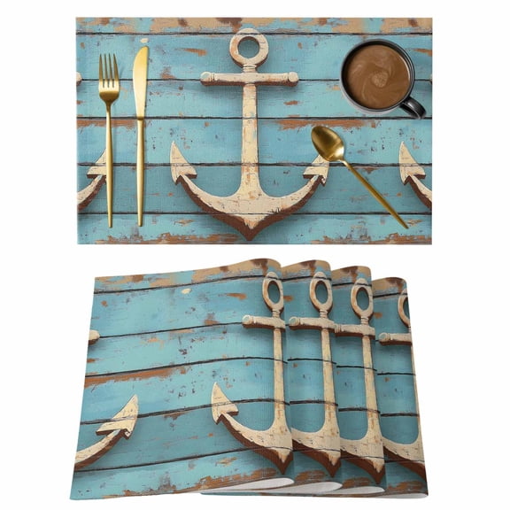 Nautical Anchor Placemats Set of 8 Farmhouse Retro Turquoise Wooden Grain Place Mats Indoor Wipeable Table Mats Washable Cloth Dining Table Placemats for Kitchen Holiday Party Home Decor 13x19 Inch