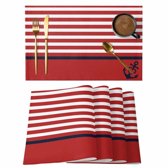 Nautical Anchor Placemats Set of 8, Red White Geometric Horizontal Stripes Placemats for Dining Table, Place Mats for Kitchen Tabletop, Waterproof Wipeable Dining Table Mats Set