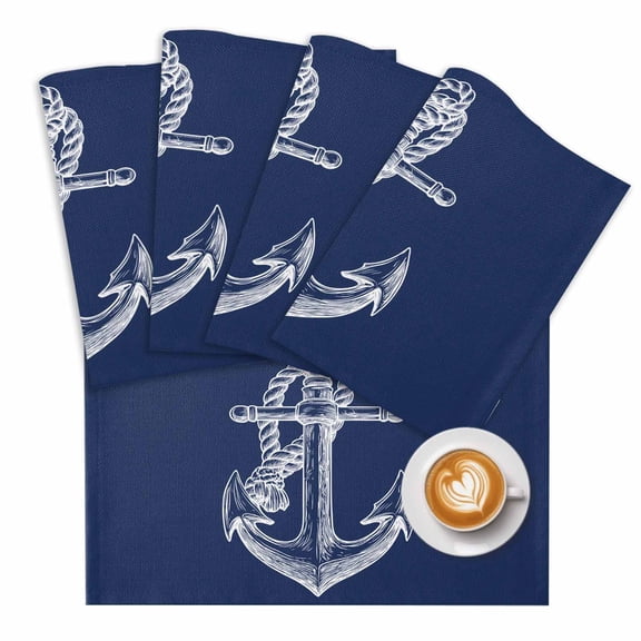 Nautical Anchor Placemats Set of 1 Rope Knot Coastal Navy Blue Place Mats Washable Table Mats for Party Kitchen Dining Decoration, 13 X 19 Inch