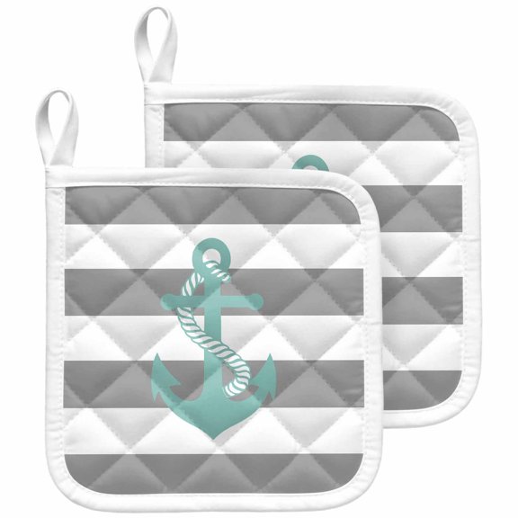 Nautical Anchor Pot Holders for Kitchen Heatproof Potholder, 2 Pack Turquoise Grey White Horizontal Stripe Hot Pads Multipurpose Oven Pads Cloth Potholders Trivet for Cooking and Baking