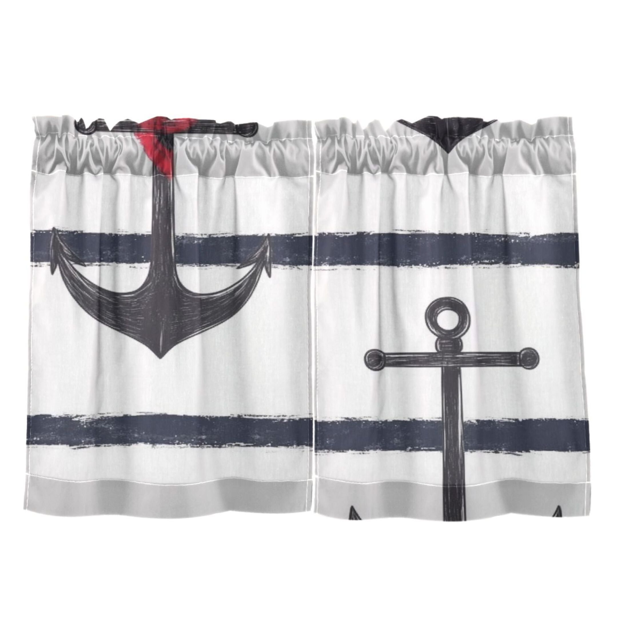 Nautical Anchor Print 27"x36" Linen Look Cafe Curtain Set with Privacy and UV Protection