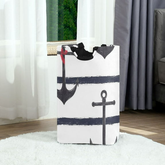 Nautical Anchor Print Foldable Laundry Hamper 12.6x11x22.7in with Handles for Bathroom Bedroom Storage
