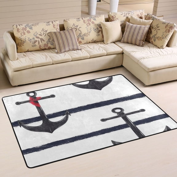 Nautical Anchor Print Soft Polyester Area Rug 72''x48'', Non Slip, Memory Foam, Water Absorbent