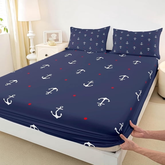 Nautical Anchor Printed Bed Sheet Set - Soft Red Heart Pattern Bedding for Twin, Full, and Queen Sizes