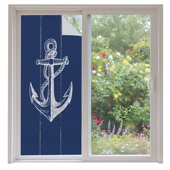 Nautical Anchor Privacy Window Film,Decorative Frosted Glass Window Film,Navy Blue Coastal Marine Minimalist Rope Reusable Peel and Stick Static Cling for Home Bathroom Office Glass Door 35.4"x78.7"