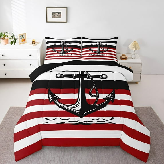 Nautical Anchor Queen Bedding Set,Red Black and White Striped Comforter Set Room Decor,Vintage Marine Theme Quilt Bed Set Stripes Bed Comforter Set 3Pcs