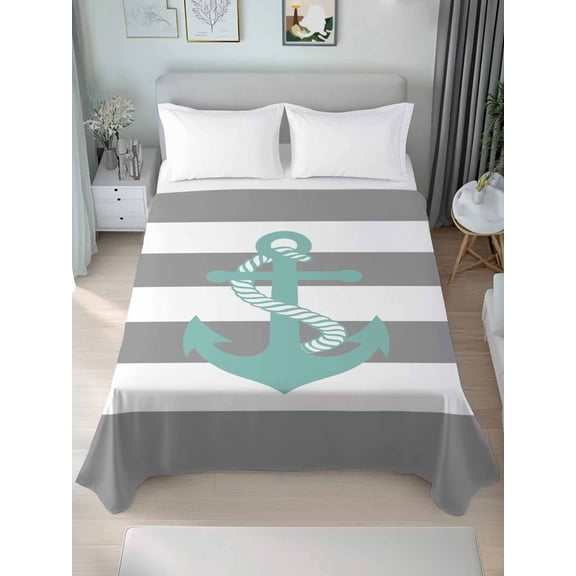 Nautical Anchor Queen Size Flat Sheet, Wrinkleproof & Fadeproof Cooling Flat Bed Sheet Only, Turquoise Grey White Horizontal Stripe Breathable Soft Bedding Top Sheets 90 x 102 Inches