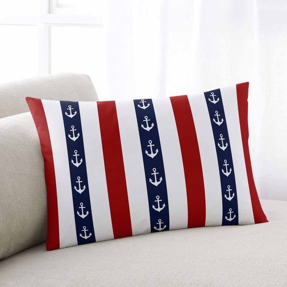 Nautical Anchor Queen Size Pillow Cover, Pillowcase Protectors with Zipper, Breathable Decorative Throw Pillow Case Cover, Red Navy Blue White Stripe Geometric Pillow Shams for Couch Sofa 20x30Inch