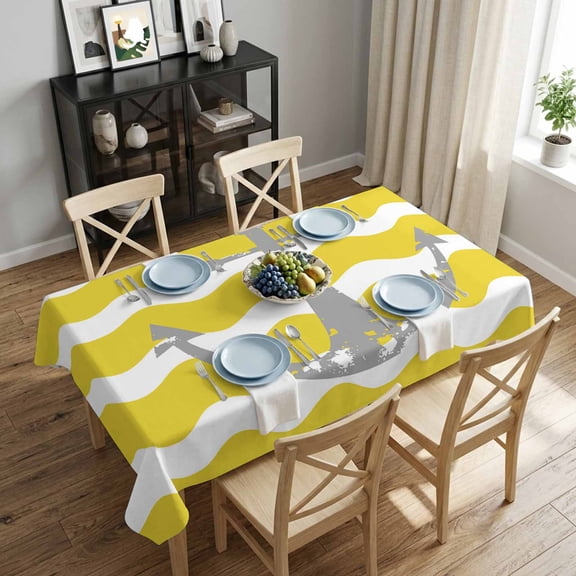Nautical Anchor Rectangle Tablecloth 52x70 Inch Yellow and White Wave Stripes Waterproof Polyester Tablecloth for Dining Table, Washable Table Cover for Kitchen Dining Room Wedding,Stain Resistant