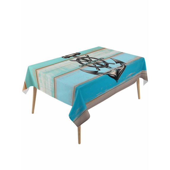Nautical Anchor Rectangle Tablecloth, Retro Blue Brown Wooden Boards Farmhouse Waterproof & StainResistant Tablecloth, Washable Oil-proof Table Cover for Dining/Party/Wedding/Camping/Buffet 54x108 In