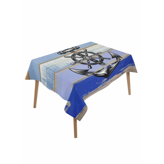 Nautical Anchor Rectangle Tablecloth, Vintage Navy Blue Wooden Boards Country Waterproof & StainResistant Tablecloth, Washable Oil-proof Table Cover for Dining/Party/Wedding/Camping/Buffet 52x70 In