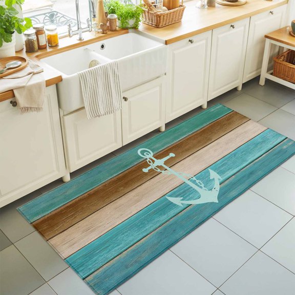 Nautical Anchor Retro Wooden Rectangle Area Rug 2x6ft,Living Room Rug Non-Slip Washable Circle Rugs Pad,Farmhouse Teal Wood Board Soft Floor Carpet for Bedroom Dining Room