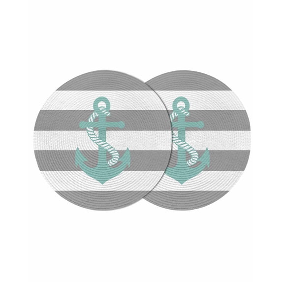 Nautical Anchor Round 13 Inch Placemats Set of 2, Turquoise Grey White Horizontal Stripe HeatResistant Non Slip Place Mats for Dining Table, Wipeable Braided Kitchen Table Mats for Housewarming