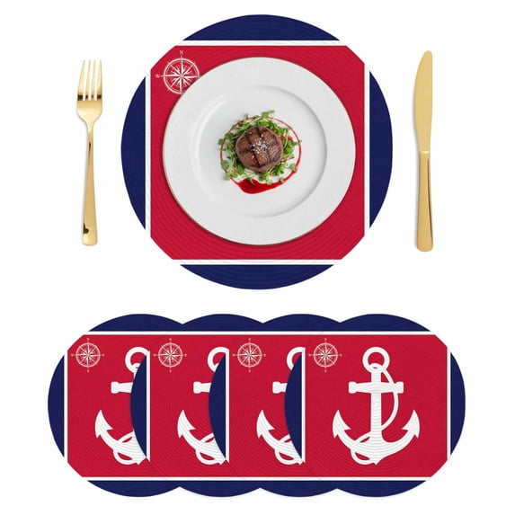Nautical Anchor Round 13 Inch Placemats Set of 4, Blue Red Coastal Ocean Beach Compass HeatResistant Non Slip Place Mats for Dining Table, Wipeable Braided Kitchen Table Mats for Housewarming
