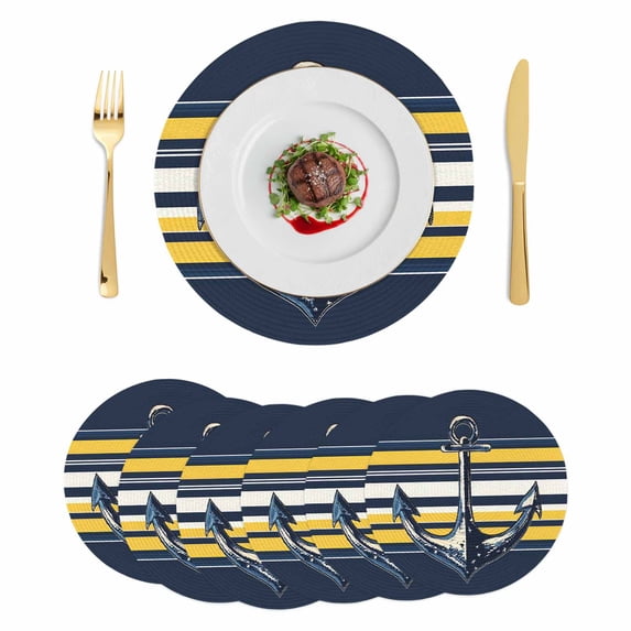 Nautical Anchor Round 13 Inch Placemats Set of 6, Navy Blue Yellow Striped Farmhouse Ombre HeatResistant Non Slip Place Mats for Dining Table, Wipeable Braided Kitchen Table Mats for Housewarming