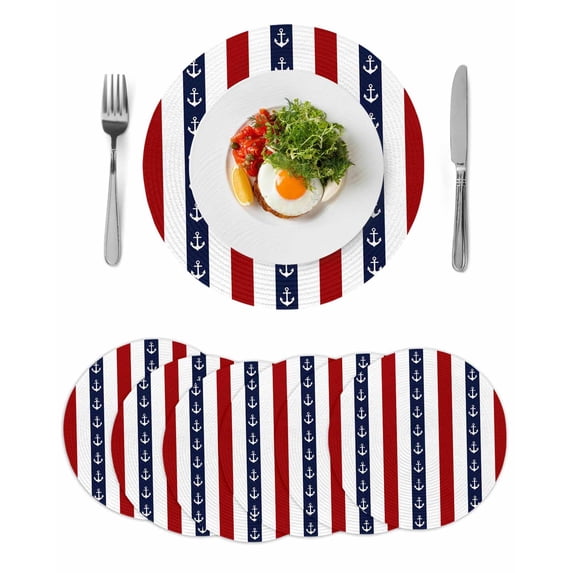 Nautical Anchor Round 13 Inch Placemats Set of 6, Red Navy Blue White Stripe Geometric HeatResistant Non Slip Place Mats for Dining Table, Wipeable Braided Kitchen Table Mats for Housewarming