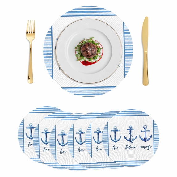 Nautical Anchor Round 13 Inch Placemats Set of 6, Summer Coastal Ocean Anchor Blue Stripes HeatResistant Non Slip Place Mats for Dining Table, Wipeable Braided Kitchen Table Mats for Housewarming