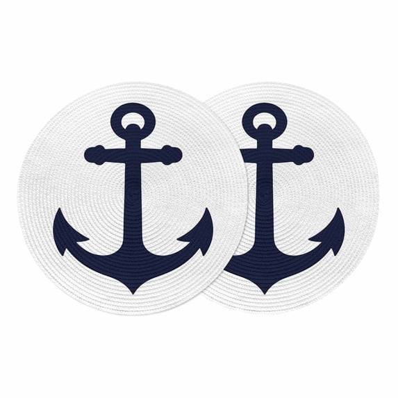 Nautical Anchor Round 15 Inch Placemats Set of 2, Farmhouse Minimalist White Abstract Art HeatResistant Non Slip Place Mats for Dining Table, Wipeable Braided Kitchen Table Mats for Housewarming