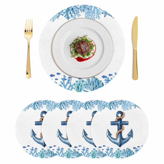 Nautical Anchor Round 15 Inch Placemats Set of 4, Summer Coastal Coral Starfish Fish Blue HeatResistant Non Slip Place Mats for Dining Table, Wipeable Braided Kitchen Table Mats for Housewarming