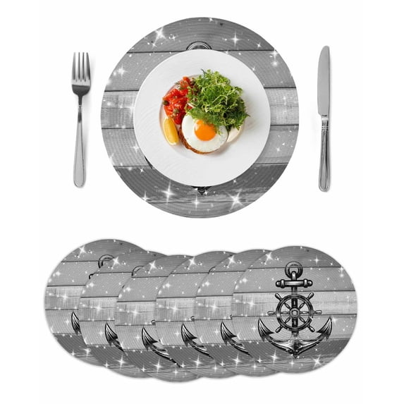 Nautical Anchor Round 15 Inch Placemats Set of 6, Rudder Stars Retro Black Grey Wooden Grain HeatResistant Non Slip Place Mats for Dining Table, Wipeable Braided Kitchen Table Mats for Housewarming