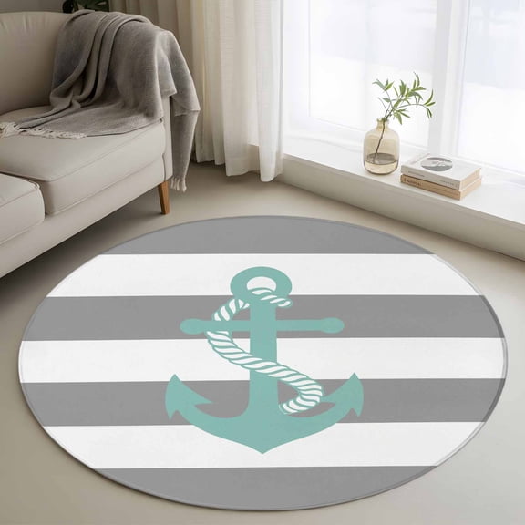 Nautical Anchor Round Area Rug 3 FT,Small Kitchen Bathroom Mats,Turquoise Grey White Horizontal Stripe Washable Indoor Outdoor Throw Runner Carpet Non-Shedding Doormat for Table Shower Sofa Entryway