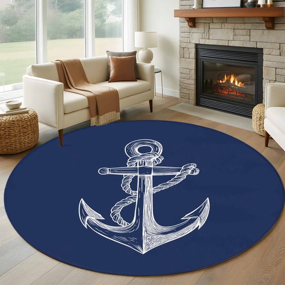 Nautical Anchor Round Area Rug 6 FT, Non Slip Bedroom Area Rug, Navy Blue Coastal Marine Minimalist Rope Washable Soft Circular Carpet Floor Mat for Kitchen Dining Room Home Office Kids Room