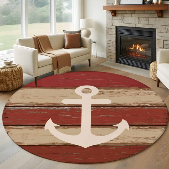 Nautical Anchor Round Area Rug 7Ft Washable Circle Rugs for Dorm Laundry Room, Red Beige Rretro Wooden Board Textures Non-Slip Carpet Floor Mats Indoor Outdoor Carpet Runner Aesthetic Home Decor