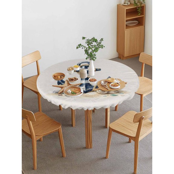 Nautical Anchor Round Fitted Tablecloth with Elastic Edge, Starfish Conch Sand Black White Striped Waterproof Stretch Table Covers for 36"-44" Tables Wipeable Table Cloth for Outdoor