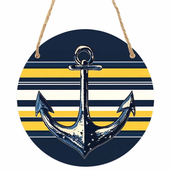 Nautical Anchor Round Front Door Welcome Sign, 5.9 Inch Wall Hanging Decor for Indoor Outdoor, Navy Blue Yellow Striped Farmhouse Ombre Home Porch Hanger Decorations for Holiday Gift
