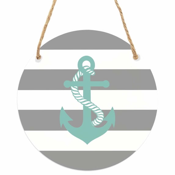 Nautical Anchor Round Front Door Welcome Sign, 5.9 Inch Wall Hanging Decor for Indoor Outdoor, Turquoise Grey White Horizontal Stripe Home Porch Hanger Decorations for Holiday Gift