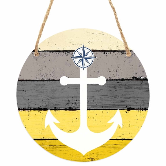 Nautical Anchor Round Front Door Welcome Sign, 5.9 Inch Wall Hanging Decor for Indoor Outdoor, Yellow Gray Gradient Wooden Grain Home Porch Hanger Decorations for Holiday Gift