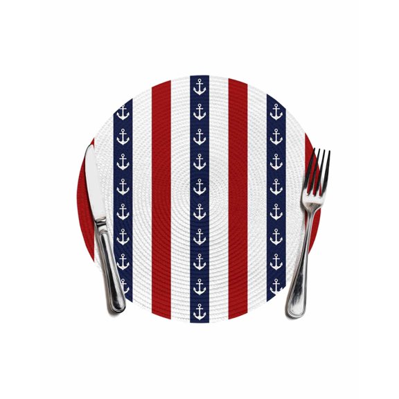 Nautical Anchor Round Placemats for Dinning Tables,Heat-proof Braided Table Mats 13 Inch,Red Navy Blue White Stripe Geometric Washable Place Mat for Kitchen Restaurant Party Decor Table Setting
