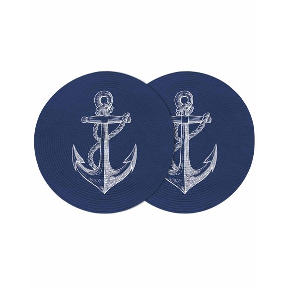 Nautical Anchor Round Placemats Set of 2 for Dinning Tables,Heat-proof Braided Table Mats 13 Inch,Navy Blue Coastal Marine Minimalist Rope Washable Place Mat for Kitchen Restaurant Party Table Decor