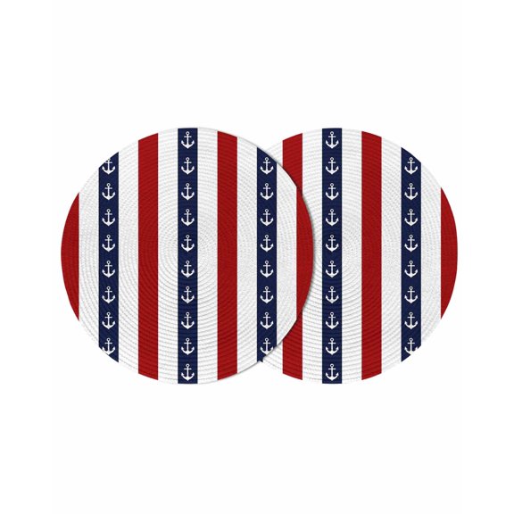Nautical Anchor Round Placemats Set of 2 for Dinning Tables,Heat-proof Braided Table Mats 13 Inch,Red Navy Blue White Stripe Geometric Washable Place Mat for Kitchen Restaurant Party Table Decor