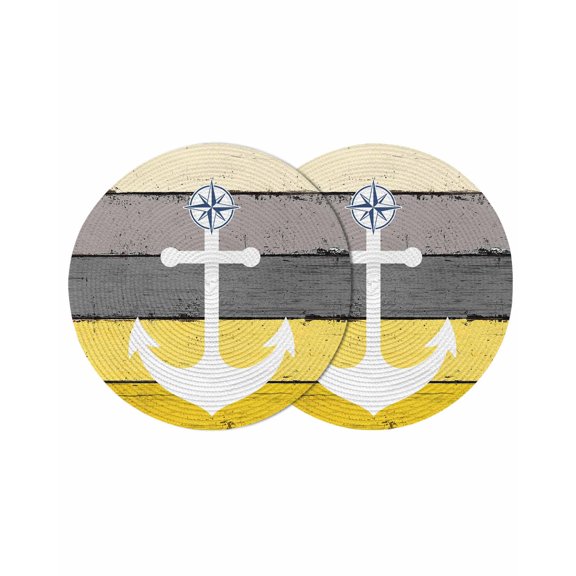 Nautical Anchor Round Placemats Set of 2 for Dinning Tables,Heat-proof Braided Table Mats 13 Inch,Yellow Gray Gradient Wooden Grain Washable Place Mat for Kitchen Restaurant Party Decor Table Setting