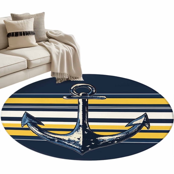 Nautical Anchor Round Rug 3.3ft Area Rug Washable Soft Non-Slip 3.3' Circle Low Pile Rugs Navy Blue Yellow Striped Farmhouse Ombre Carpet for Bedroom Living Room Entryway Home Office Dining Room