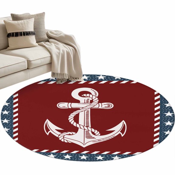 Nautical Anchor Round Rug 3ft Washable Circle Entryway Rugs Non Slip Red Navy Blue Coastal Stars Ocean Area Rug Indoor Floor Carpet for Bedroom Kitchen Living Room Home Office Dining Room Nursery