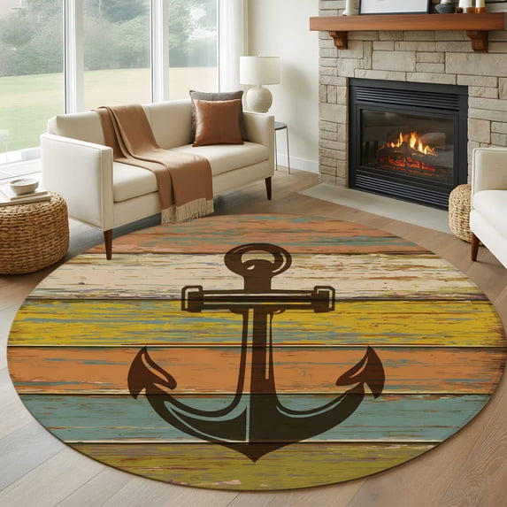 Nautical Anchor Round Rug 8ft Washable Circle Rugs Non Slip Farmhouse Vintage Old Wooden Grain Large Area Rug Indoor Floor Carpet for Bedroom Kitchen Living Room Home Office Dining Room Nursery
