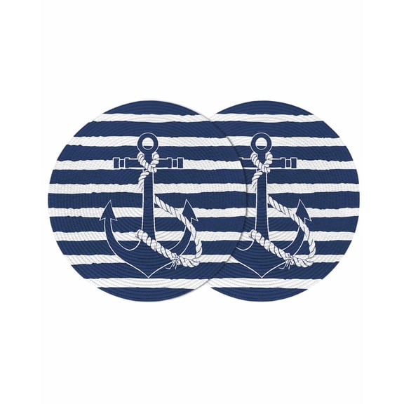 Nautical Anchor Round Table Placemats set of 2, Navy Blue Striped Pattern Washable Woven Place Mats for Dining Tables Kitchen Party Decor,Heat Proof, 13in,