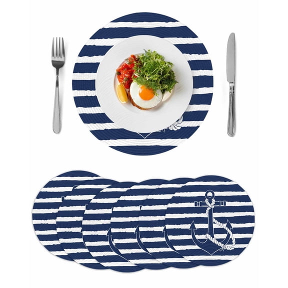 Nautical Anchor Round Table Placemats set of 6, Navy Blue Striped Pattern Washable Woven Place Mats for Dining Tables Kitchen Party Decor,Heat Proof, 13in,