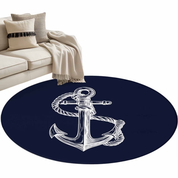 Nautical Anchor Round&nbsp;Area Rug&nbsp;4 ft Rope Knot Coastal Dark Blue Washable Rugs for Living Room, Non Slip Soft Carpet for Bedroom Entryway Dining Room