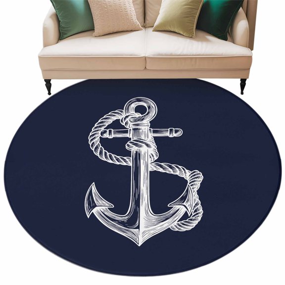 Nautical Anchor Round Area Rug 5 ft Rope Knot Coastal Dark Blue Washable Rugs for Living Room, Non Slip Soft Carpet for Bedroom Entryway Dining Room