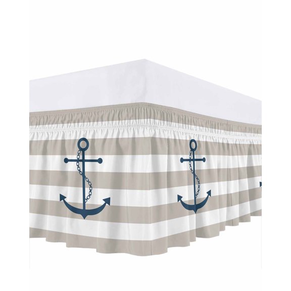 Nautical Anchor Ruffle Bed Skirt King Size Beige and White Striped Adjustable Elastic Dust Bed Skirts Wrap Around Bedskirt Wrinkle Free Easy Fit with 16 Inch Drop